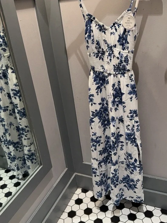 Hollister White Maxi Dress with Blue Floral Print - Picture 1 of 1